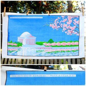 VTG Jefferson Memorial Washington DC Cotton Tea Towel Cherry Blossoms Blue Sky